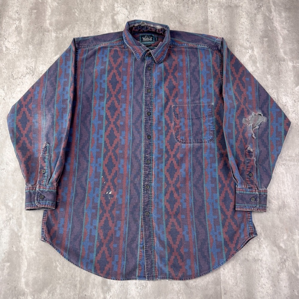 Vintage Woolrich Shirt Mens L Southwestern Geometric Cotton USA Distressed